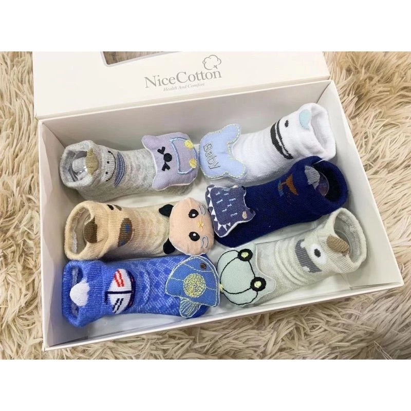 KIT 6 pares de meias com caixa de presente 3D animais de estimação, frutas, meninos e meninas recém-nascidos