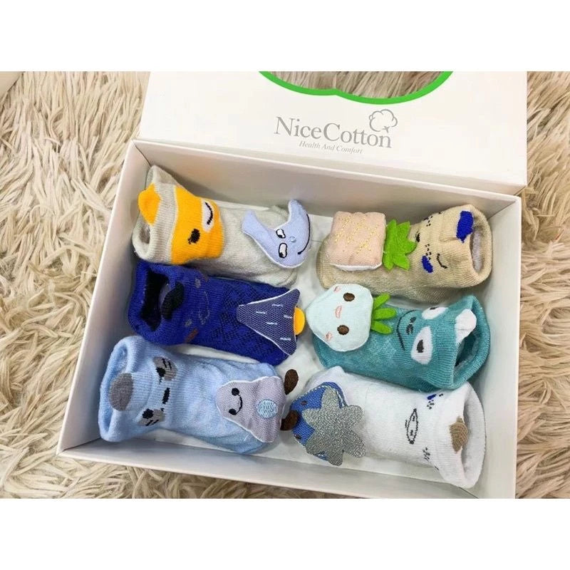 KIT 6 pares de meias com caixa de presente 3D animais de estimação, frutas, meninos e meninas recém-nascidos