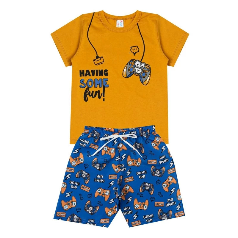 KIT 2 PEÇAS Formato Conjunto Masculino Infantil - Qualidade Premium - Bermuda Tactel e o Camiseta Algodão Roupa Infantil