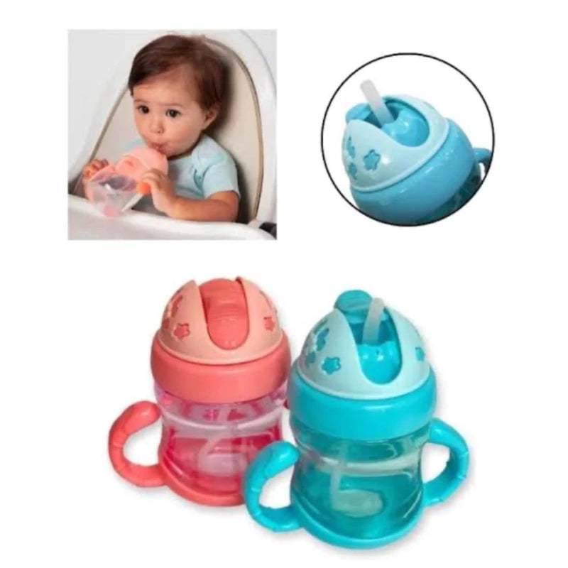 Garrafa de Água e Suco Infantil Copo Para Bebê Transição de Plástico Com Tampa E Canuto 220ml