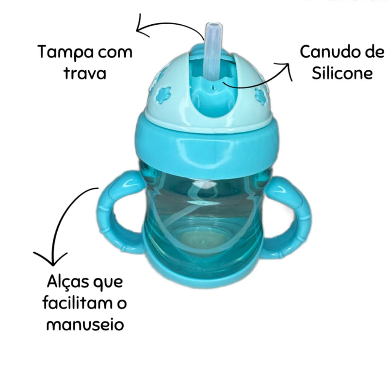 Garrafa de Água e Suco Infantil Copo Para Bebê Transição de Plástico Com Tampa E Canuto 220ml